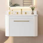 Mueble de baño suspendido con lavabo integrado, 2 cajones y tiradores dorados