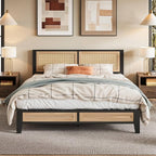 Base de cama tapizada con plataforma, cabecero acolchado y almacenaje bajo la cama