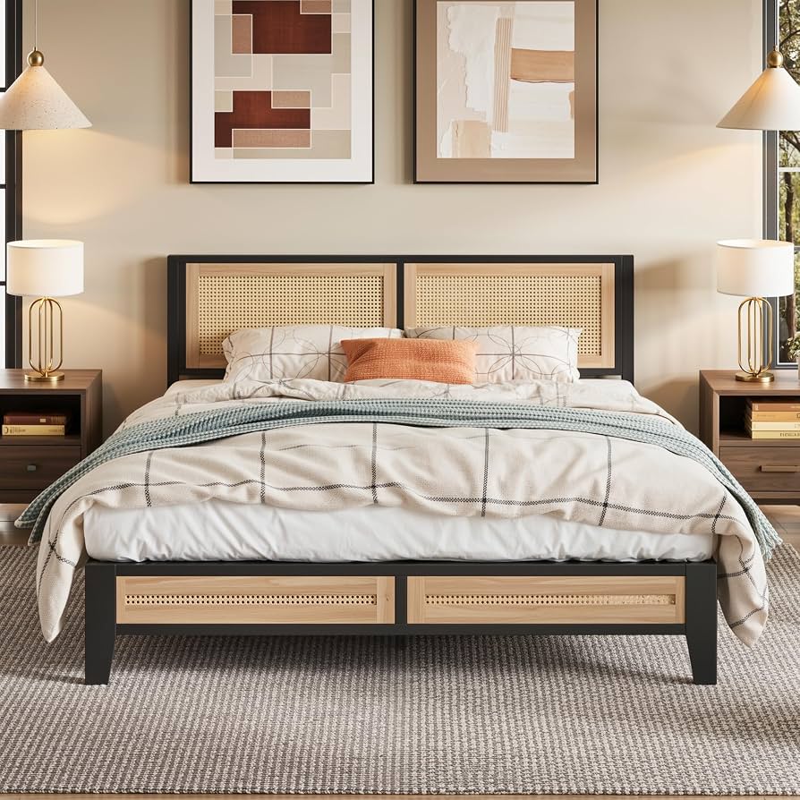 Upholstered Platform Bed Frame with Padded Headboard & Under-Bed Storage