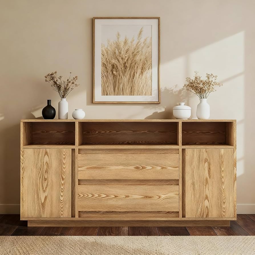 Consola y gabinete de almacenamiento de TV de madera con cajones, gabinetes y estantes abiertos