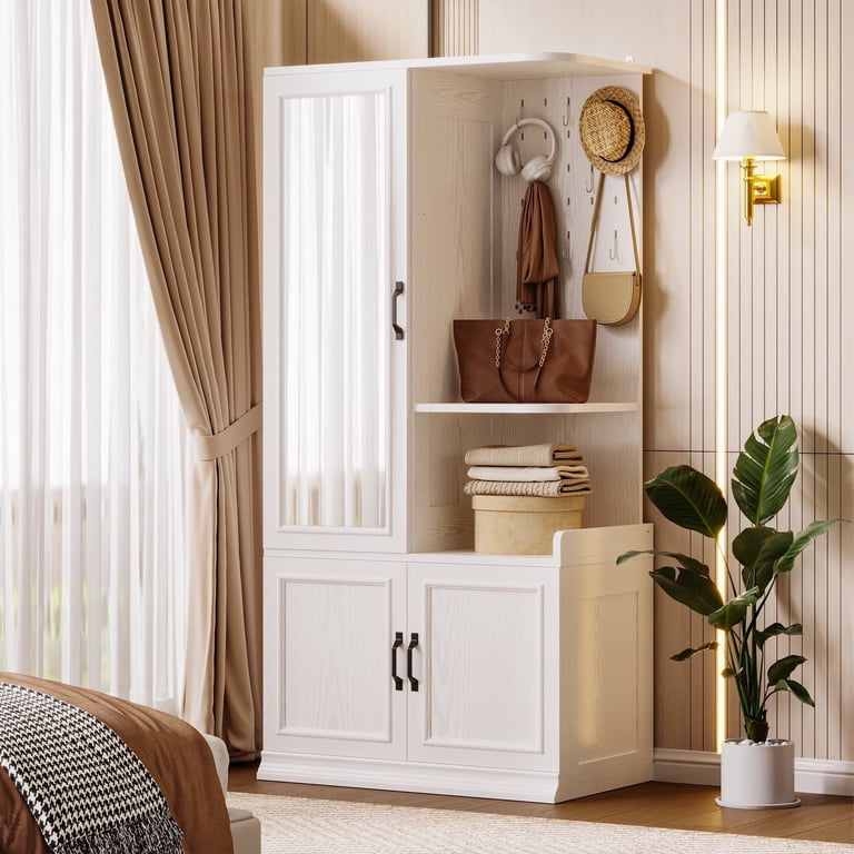 Multi-Function Entryway Storage Cabinet with Mirror, Coat Hooks & Shelves