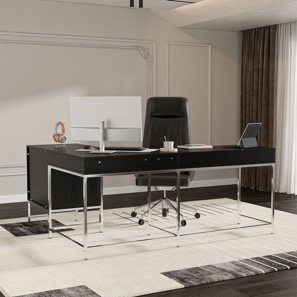 L-Shaped Executive Office Desk with Storage Cabinet, Drawers & Open Shelves