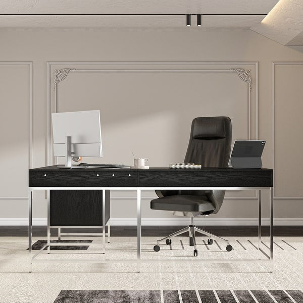 L-Shaped Executive Office Desk with Storage Cabinet, Drawers & Open Shelves