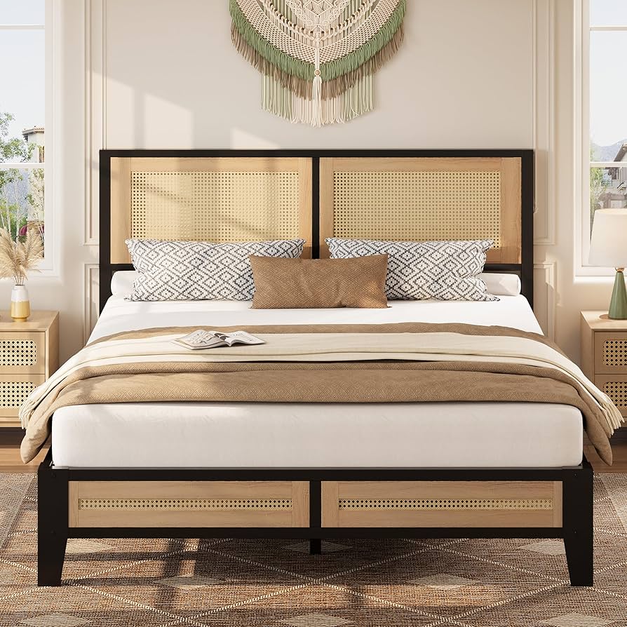 Upholstered Platform Bed Frame with Padded Headboard & Under-Bed Storage