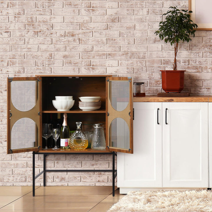 Freestanding Accent Storage Cabinet with 4 Doors, Open Shelf & Metal Frame