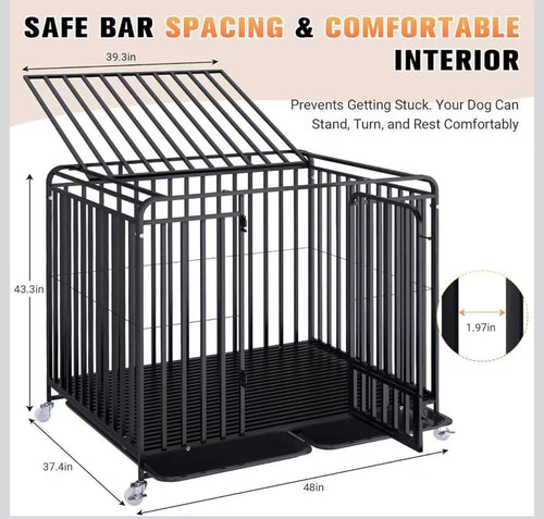 48" Heavy-Duty Dog Crate with Double Doors, Removable Tray & Locking Wheels
