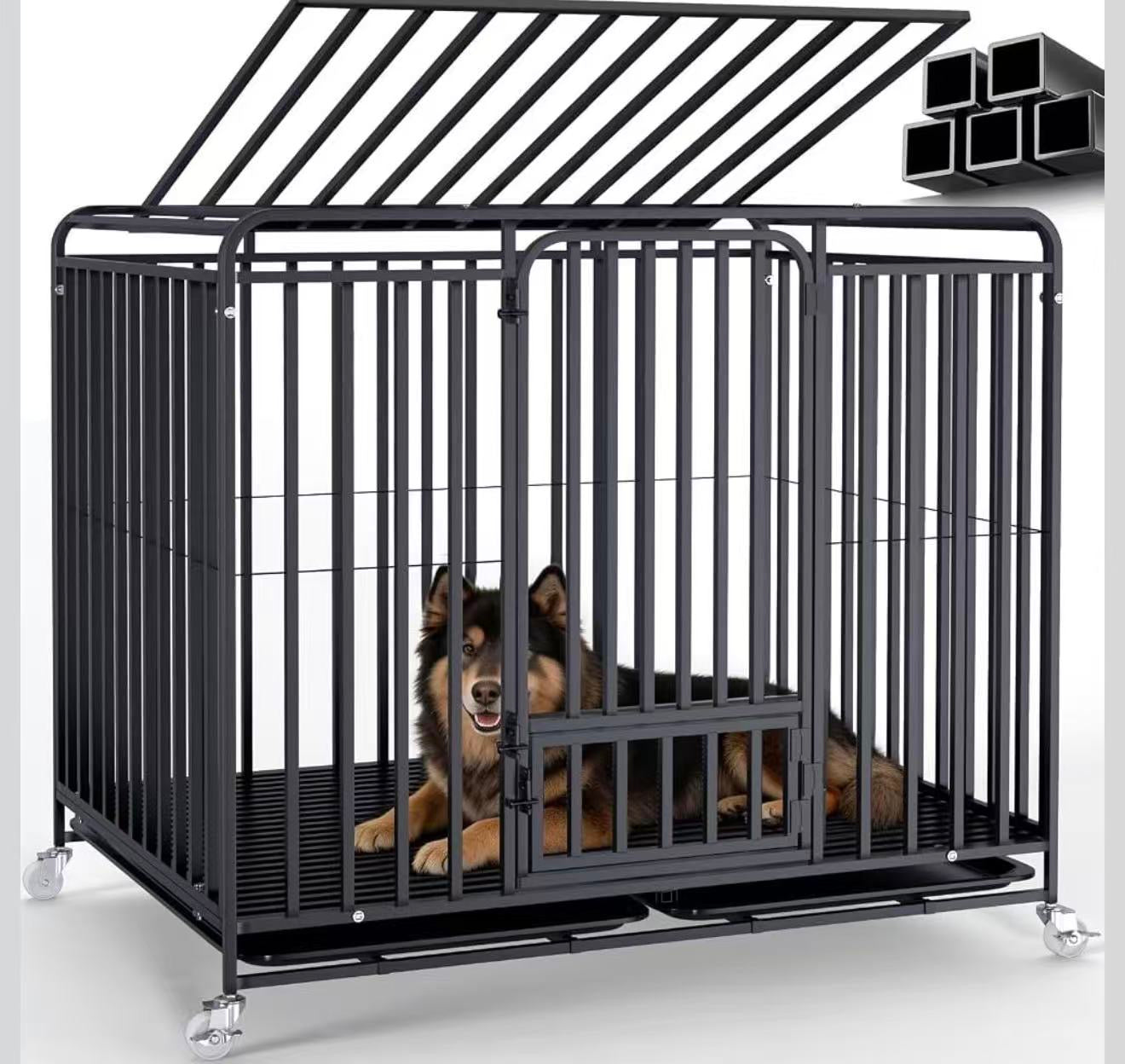 48" Heavy-Duty Dog Crate with Double Doors, Removable Tray & Locking Wheels