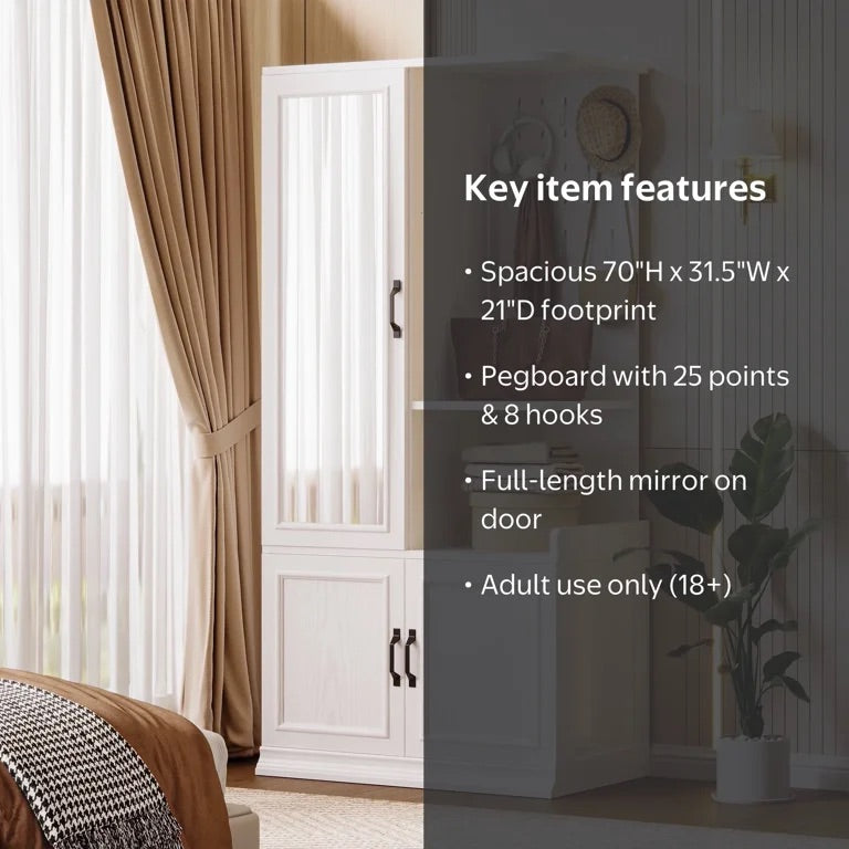 Multi-Function Entryway Storage Cabinet with Mirror, Coat Hooks & Shelves
