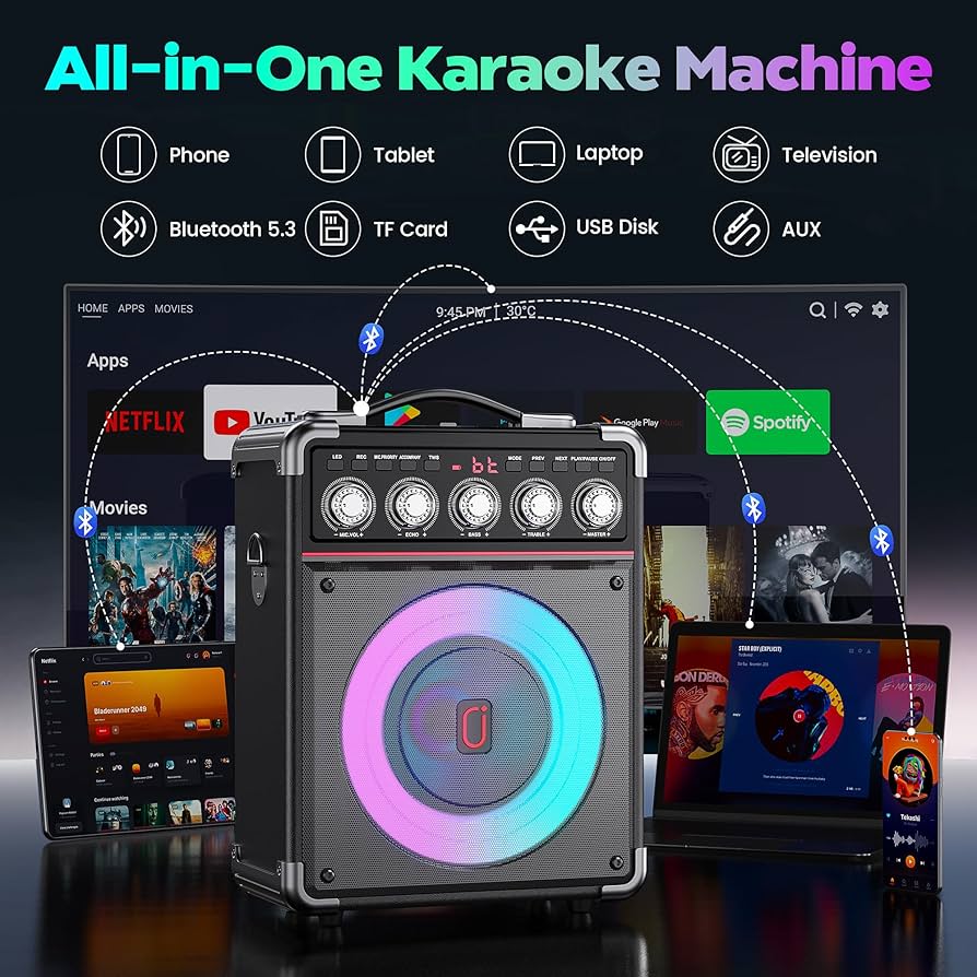All-in-One Karaoke Machine – Dual Wireless Microphones, RGB Lights & Powerful Bluetooth Speaker