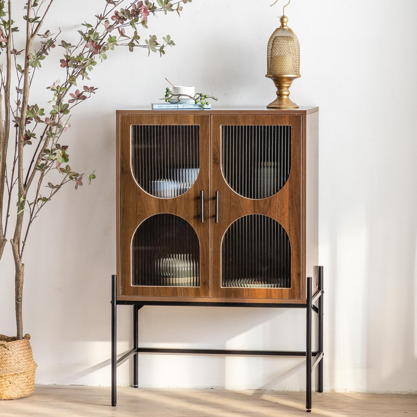 Freestanding Accent Storage Cabinet with 4 Doors, Open Shelf & Metal Frame