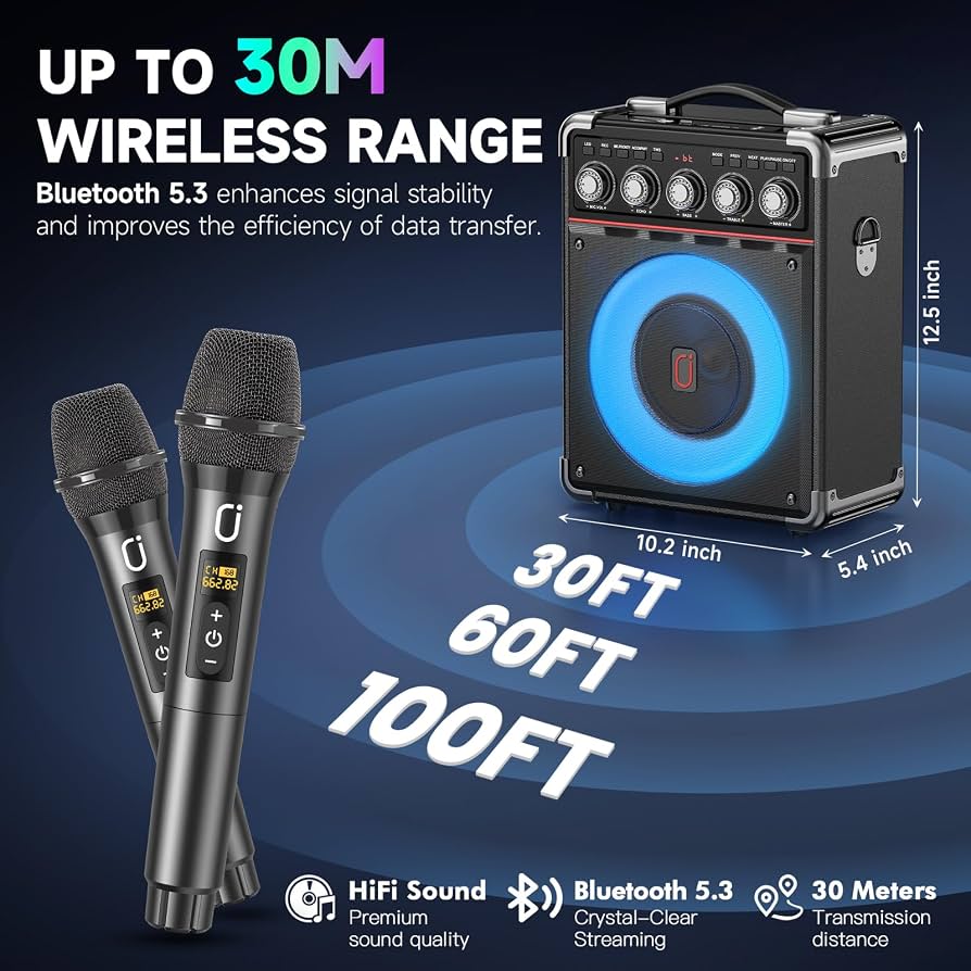 Máquina de karaoke todo en uno – Micrófonos inalámbricos duales, luces RGB y potente altavoz Bluetooth