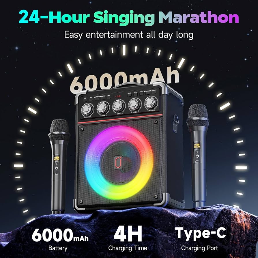 Máquina de karaoke todo en uno – Micrófonos inalámbricos duales, luces RGB y potente altavoz Bluetooth
