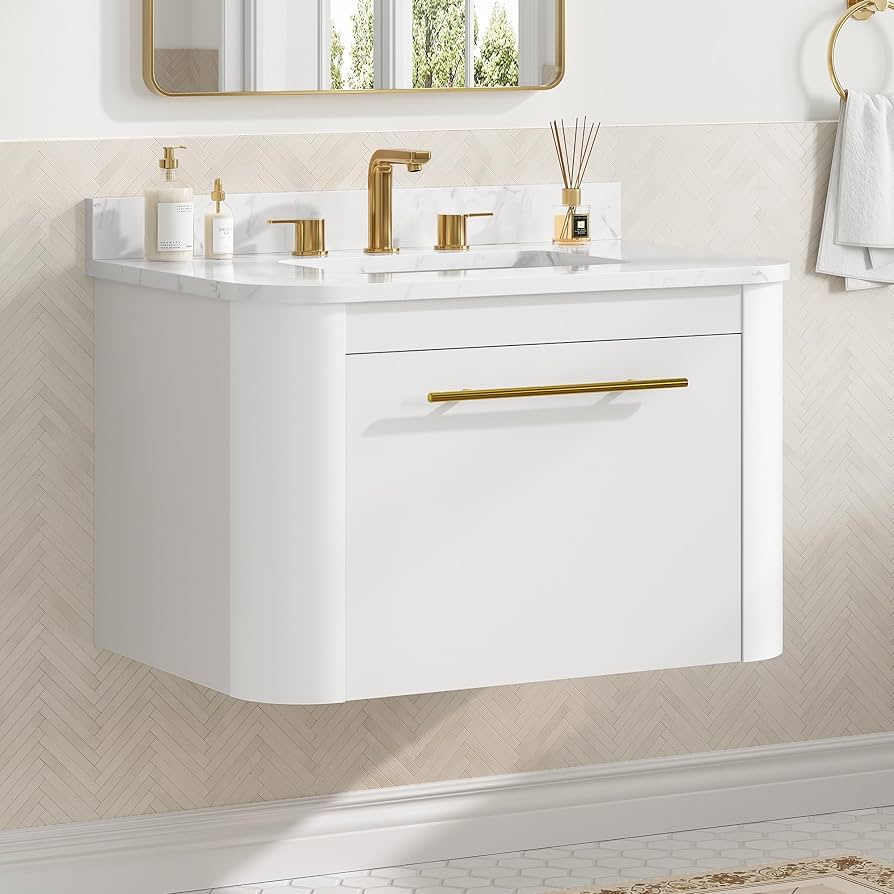 Mueble de baño suspendido con lavabo integrado, 2 cajones y tiradores dorados