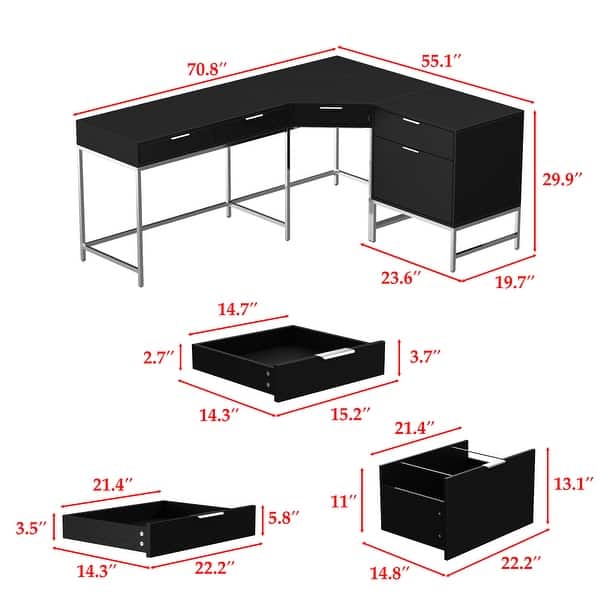 L-Shaped Executive Office Desk with Storage Cabinet, Drawers & Open Shelves
