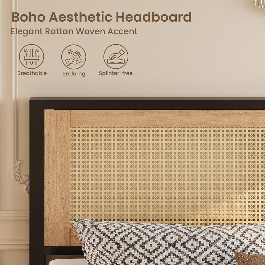Base de cama tapizada con plataforma, cabecero acolchado y almacenaje bajo la cama