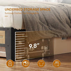 Base de cama tapizada con plataforma, cabecero acolchado y almacenaje bajo la cama