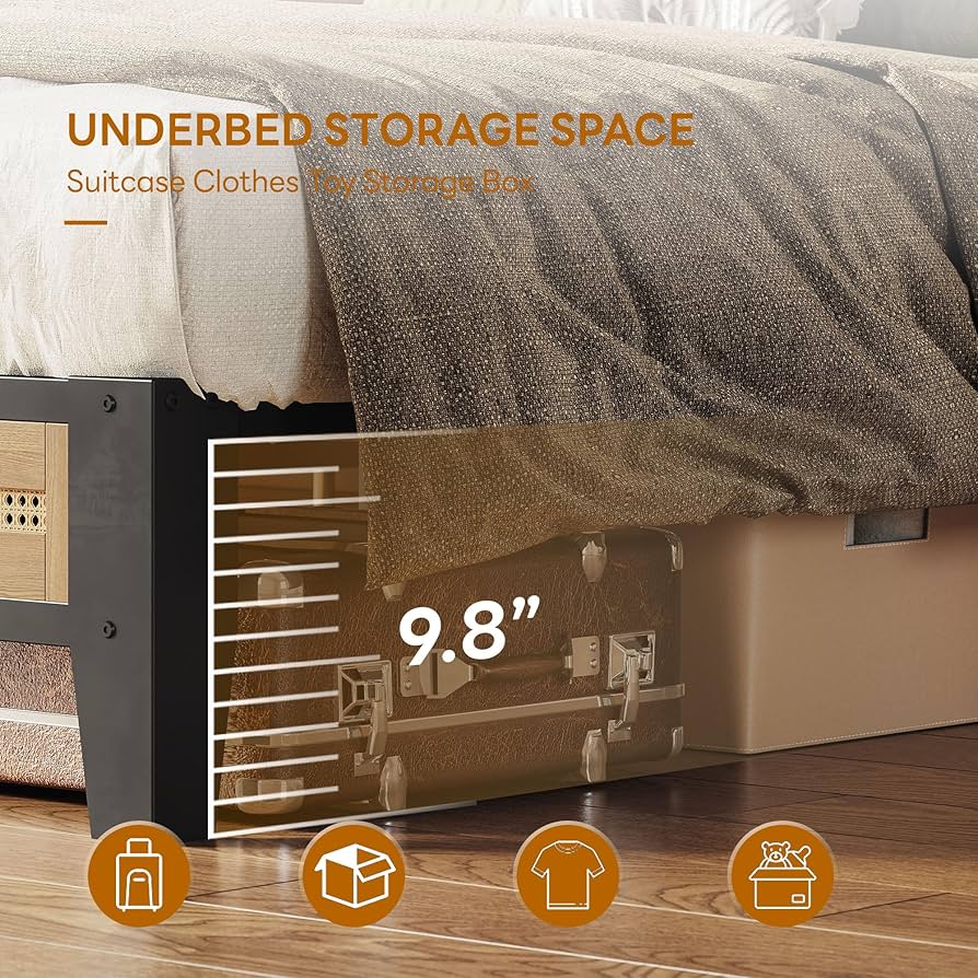 Upholstered Platform Bed Frame with Padded Headboard & Under-Bed Storage