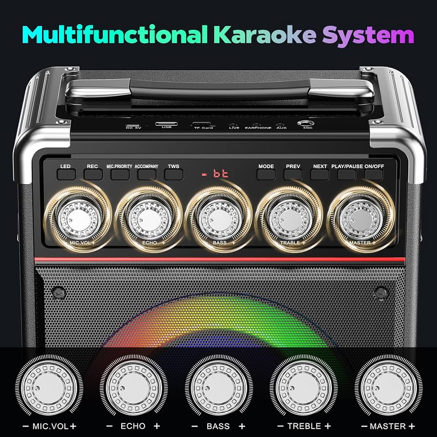 Máquina de karaoke todo en uno – Micrófonos inalámbricos duales, luces RGB y potente altavoz Bluetooth