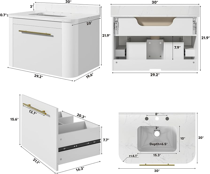 Wall-Mounted Bathroom Vanity with Integrated Sink, 2 Drawers & Gold Handles