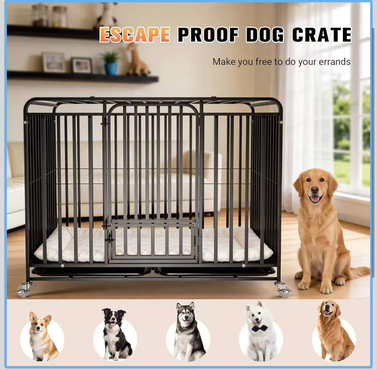 48" Heavy-Duty Dog Crate with Double Doors, Removable Tray & Locking Wheels