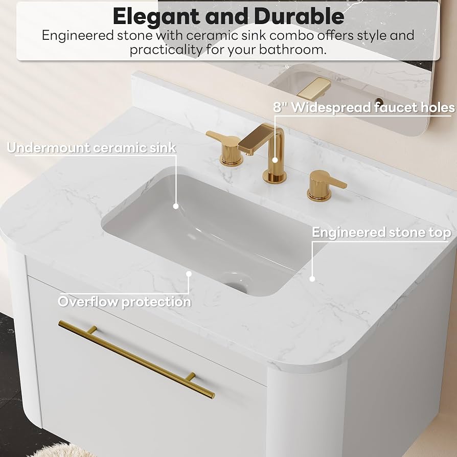 Wall-Mounted Bathroom Vanity with Integrated Sink, 2 Drawers & Gold Handles
