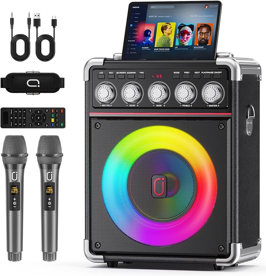 Máquina de karaoke todo en uno – Micrófonos inalámbricos duales, luces RGB y potente altavoz Bluetooth